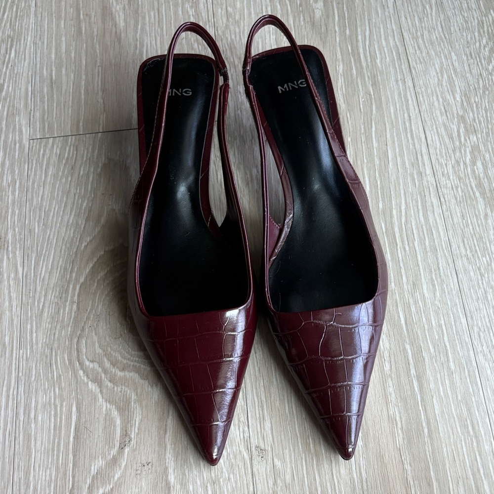 Mango Burgundy Croc-Embossed Slingback Heels